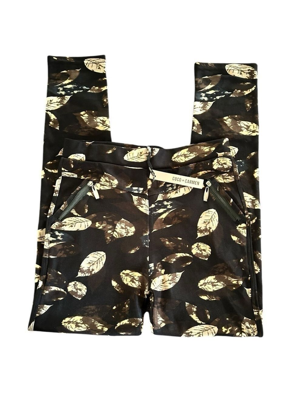 COCO + CARMEN Yoga Athleisure Pants Brown Cream Leaves Zip Pockets NWT L/XL